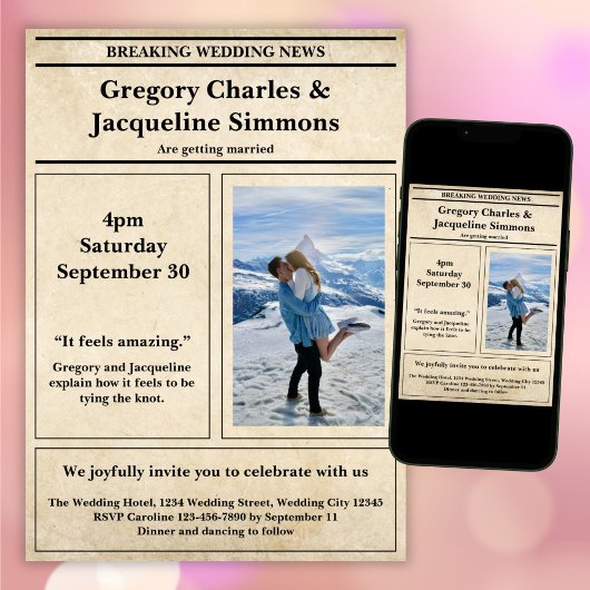 カスタムレトロエレガント新聞写真引用文結婚ズ 招待状