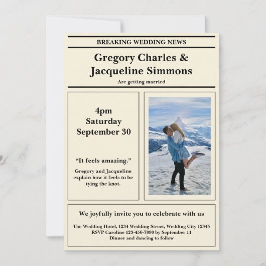 カスタムレトロエレガント新聞写真引用文結婚ズ 招待状 (正面)