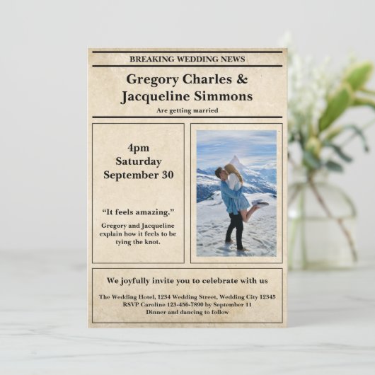 カスタムレトロエレガント新聞写真引用文結婚ズ 招待状 (スタンド正面)