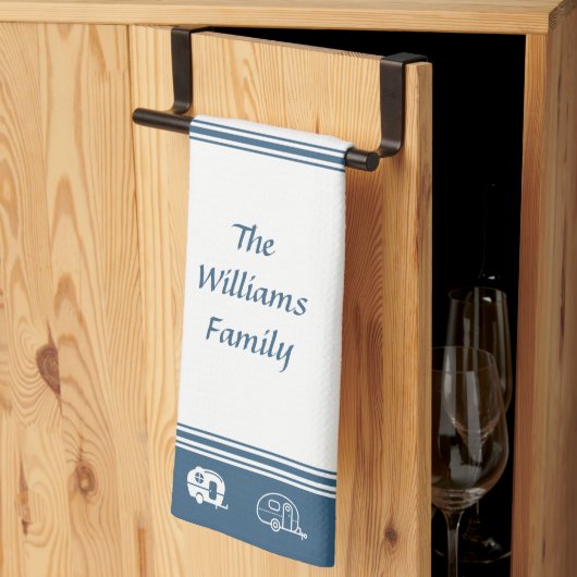 カスタムレトロキャンパーブルーとホワイト キッチンタオル (三つ折り)