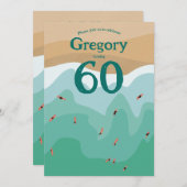 カスタムレトロサーフィン海60歳の誕生日 招待状 (正面/裏面)