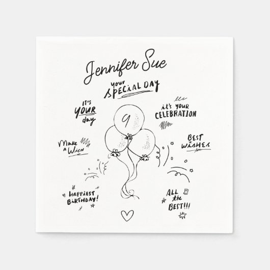 カスタムレトロドードルモダンバルーンハッピーバースデー スタンダードカクテルナプキン (正面)