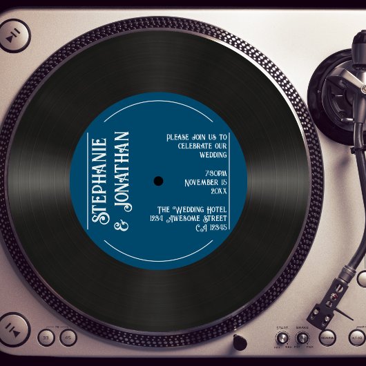 カスタムレトロネイビーフェイクビニレコード結婚ズ 招待状