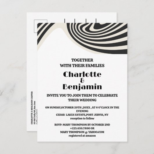 カスタムレトロブラック&ホワイト70結婚s インビテーションポストカード (正面/裏面)