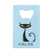 カスタムレトロミッドセンチュリーモダンアトミックブラックキャット クレジットカード栓抜き (裏面)