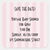 カスタムレトロ – 日付を保存!ピンクストライプ色 スクエアシール (正面)