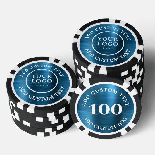 カスタムロゴとテキスト 青い金属製ビジネス100番 ポーカーチップ (積み重ね)