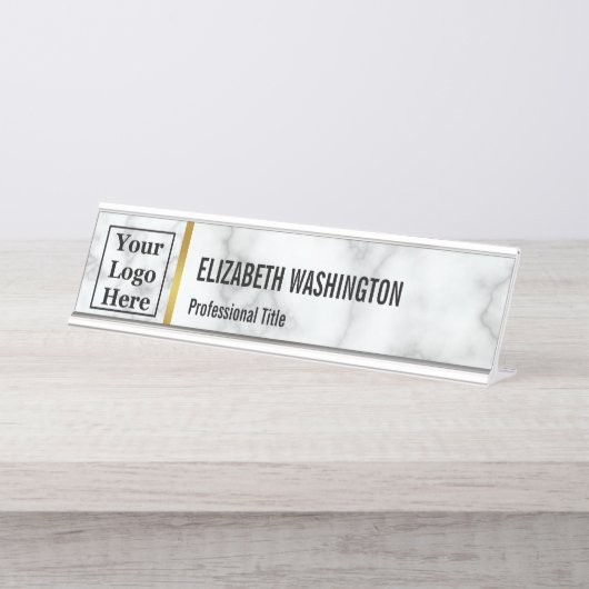 カスタムロゴを白い大理石でエレガント表示 デスクネームプレート (正面)