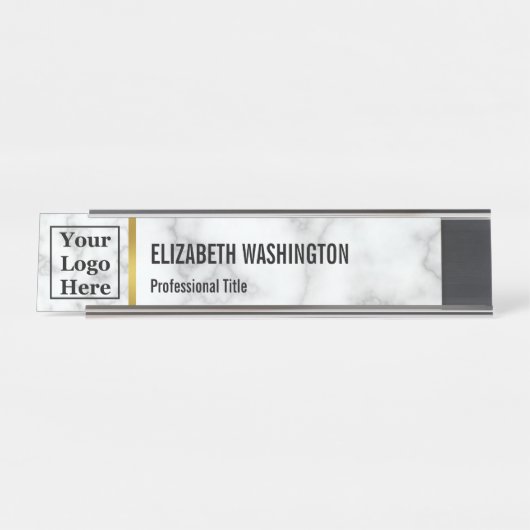 カスタムロゴを白い大理石でエレガント表示 デスクネームプレート (正面)