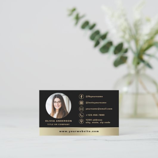 カスタムロゴエレガント黒金ゴールド写真 名刺 (スタンド正面)