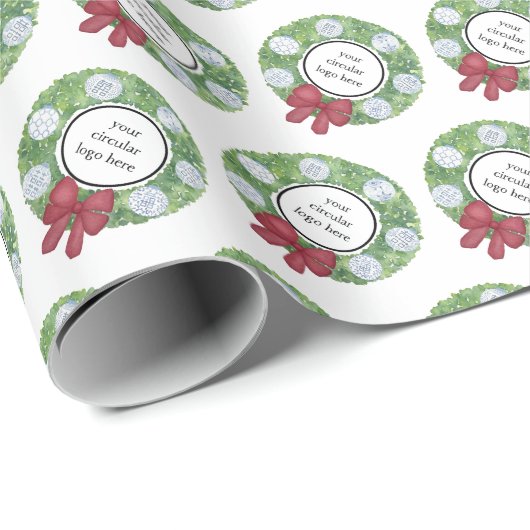 カスタムロゴクリスマスリースブルーホワイト ラッピングペーパー (ロールコーナー)