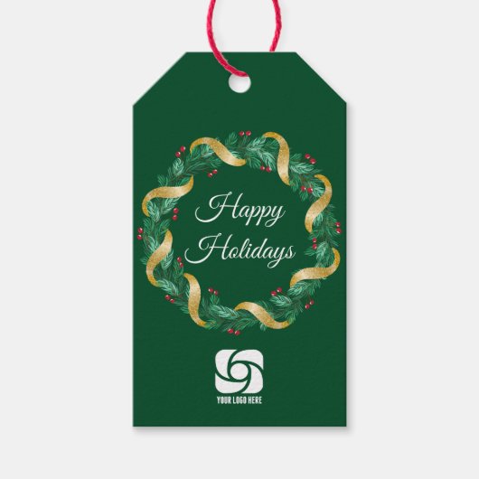 カスタムロゴグリーンクリスマスリース ギフトタグ (正面)
