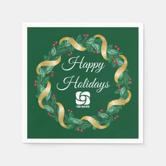 カスタムロゴグリーンクリスマスリース スタンダードカクテルナプキン (正面)