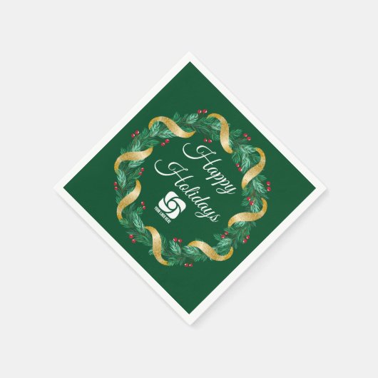 カスタムロゴグリーンクリスマスリース スタンダードカクテルナプキン (角)