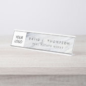 カスタムロゴグレーホワイトマーブルプロフェッショナル デスクネームプレート (正面)
