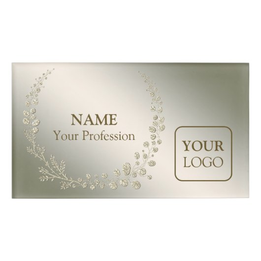 カスタムロゴゴールデンフローラ葉リースエレガント 名札 (正面)