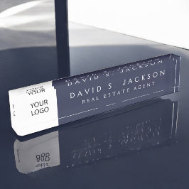 カスタムロゴネイビーブルーエレガントプロフェッショナル デスクネームプレート