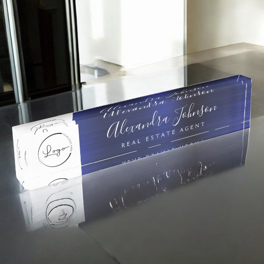 カスタムロゴネイビーブルーエレガントプロフェッショナル デスクネームプレート