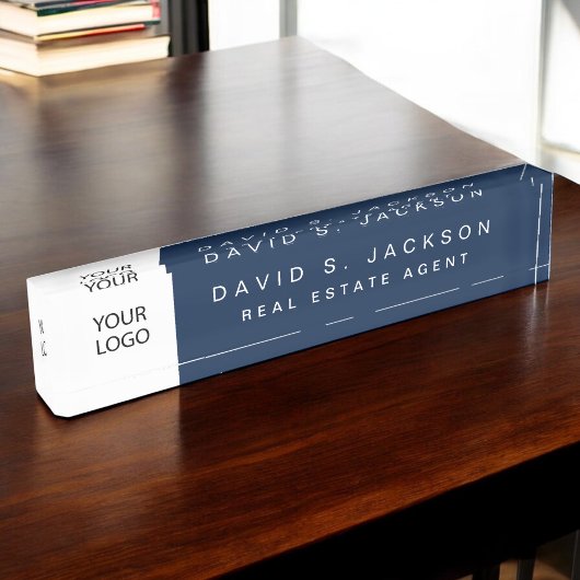 カスタムロゴネイビーブルーエレガントプロフェッショナル デスクネームプレート