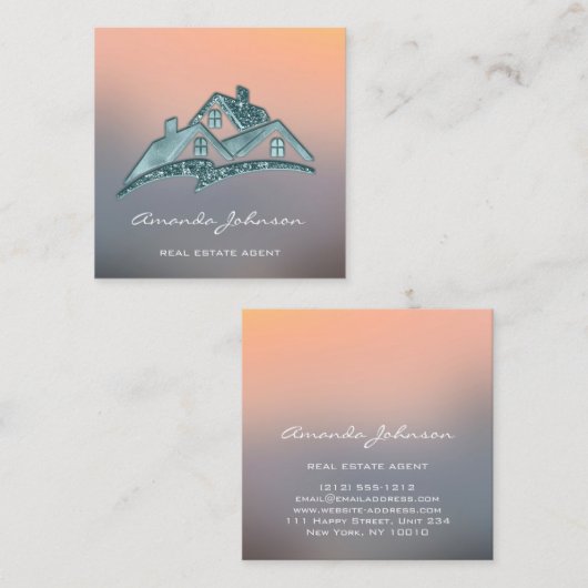 カスタムロゴハウス実在エステートエージェントホームグレーティール(緑がかった色) スクエア名刺 (正面/裏面)