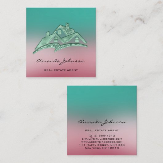 カスタムロゴハウス実在エステートエージェントホームピンクティール(緑がかった色) スクエア名刺 (正面/裏面)