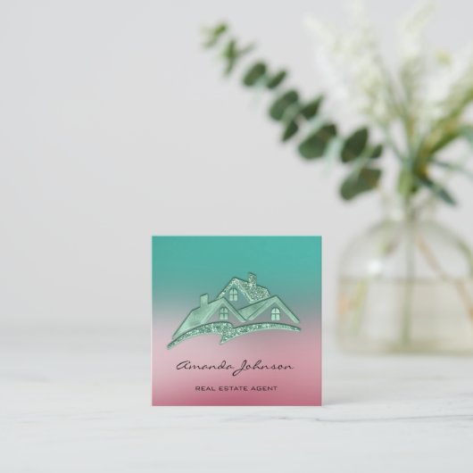 カスタムロゴハウス実在エステートエージェントホームピンクティール(緑がかった色) スクエア名刺 (スタンド正面)
