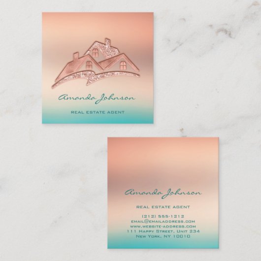 カスタムロゴハウス実在エステート代理ホームティール（緑がかった色）バラ スクエア名刺 (正面/裏面)