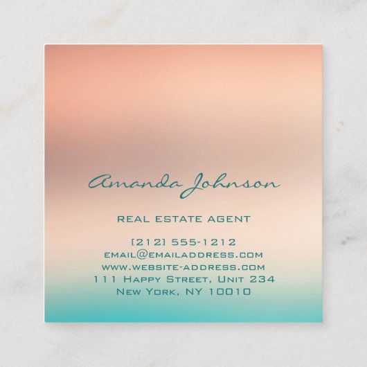 カスタムロゴハウス実在エステート代理ホームティール（緑がかった色）バラ スクエア名刺 (裏面)