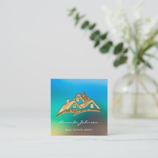 カスタムロゴハウス実在エステート代理金ゴールドカスタム スクエア名刺 (スタンド正面)