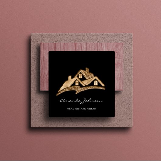 カスタムロゴハウス実在エステート代理金ゴールドブラック スクエア名刺