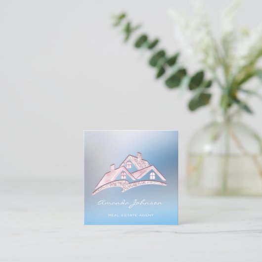 カスタムロゴハウス実在エステートAgentホームピンクブルー スクエア名刺 (スタンド正面)