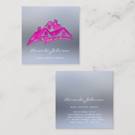 カスタムロゴハウス実在エステートAgentホームピンク スクエア名刺 (正面/裏面)