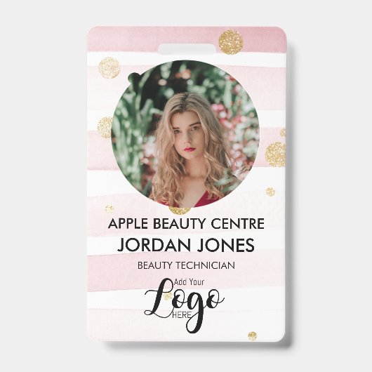 カスタムロゴビジネススタッフ写真ピンクグリッターID B バッジ (正面)