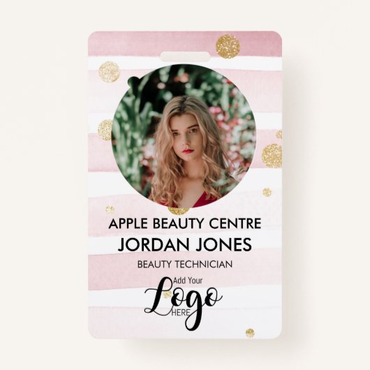 カスタムロゴビジネススタッフ写真ピンクグリッターID B バッジ (正面)