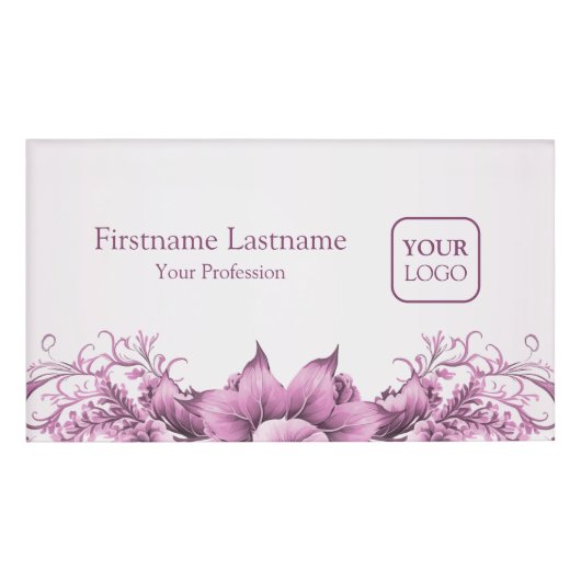 カスタムロゴピンクの花のエレガント枠 名札 (正面)