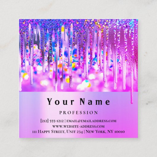 カスタムロゴホログラフィックピンクグリッタードリップ スクエア名刺 (裏面)