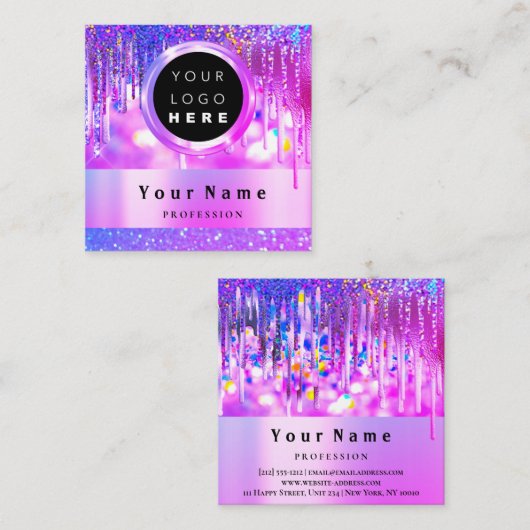 カスタムロゴホログラフィックピンクグリッタードリップ スクエア名刺 (正面/裏面)