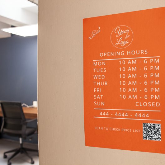 カスタムロゴホワイトビジネスの営業時間とQRコード ウィンドウサイン