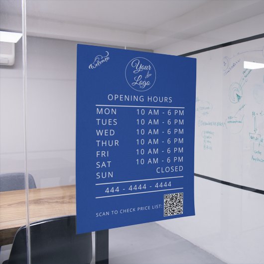 カスタムロゴホワイトビジネスの営業時間とQRコード ウィンドウサイン