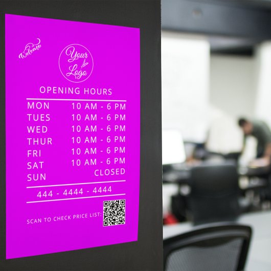 カスタムロゴホワイトビジネスの営業時間とQRコード ウィンドウサイン