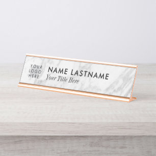 カスタムロゴミニマリストグレーホワイト大理石タイトル デスクネームプレート