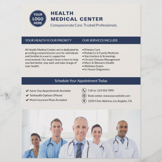 カスタムロゴ写真QRヘルスケアクリニック医師 チラシ (正面)