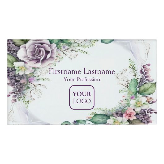 カスタムロゴ紫フローラ緑素朴葉 名札 (正面)