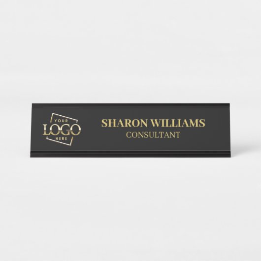 カスタムロゴ |プロフェッショナルブラック金ゴールドミニマリスト デスクネームプレート (正面)