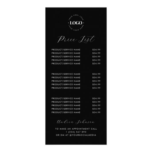 カスタムロゴ ミニマリスト ブラック スクリプト 価格リスト ラックカード (正面)
