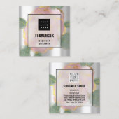 カスタムロゴQRコードシルバーグレーグリーンバラリーフ スクエア名刺 (正面/裏面)