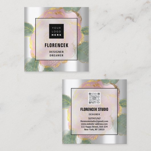 カスタムロゴQRコードシルバーグレーグリーンバラリーフ スクエア名刺 (正面/裏面)