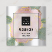 カスタムロゴQRコードシルバーグレーグリーンバラリーフ スクエア名刺 (正面)