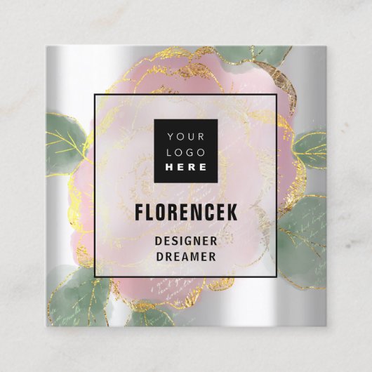 カスタムロゴQRコードシルバーグレーグリーンバラリーフ スクエア名刺 (正面)