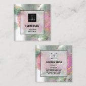 カスタムロゴQRコードシルバーグレーグリーンフローラフレーム スクエア名刺 (正面/裏面)